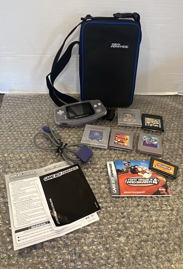Nintendo Game Boy Advance Clear Glacier AGB-001 W/Link Cable, 6 Games Works